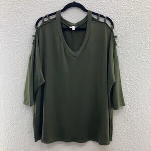 Charming Charlie Olive Green Lightweight Cold Shoulder V Neck Blouse Shirt Top